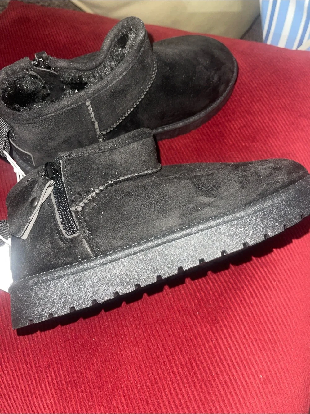 Kids Black Faux-Suede Ankle Boots with Side Zip